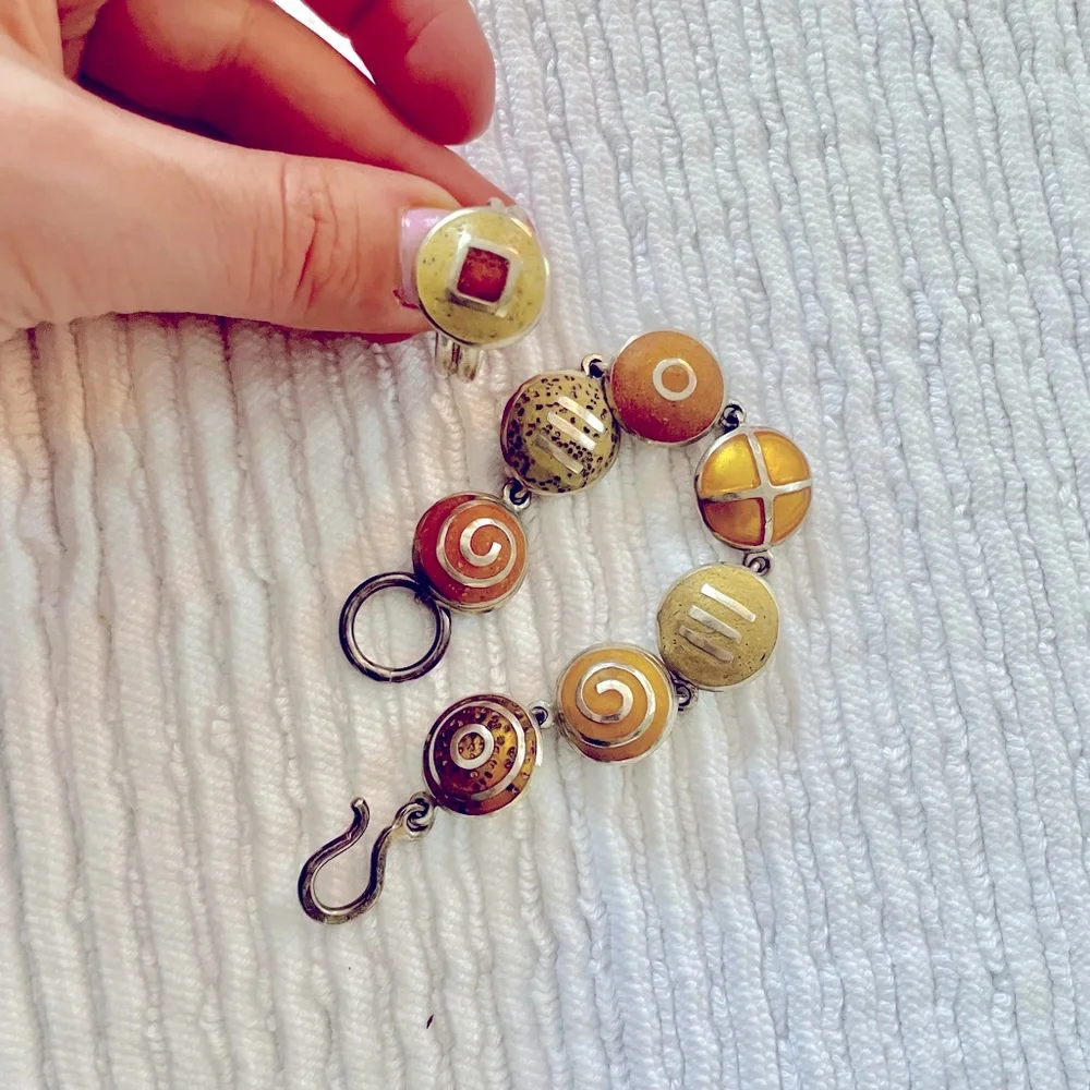 GORGEOUS Artist-Made Bracelet & Matching Ring - Yellow and Orange Set on‎ Silver